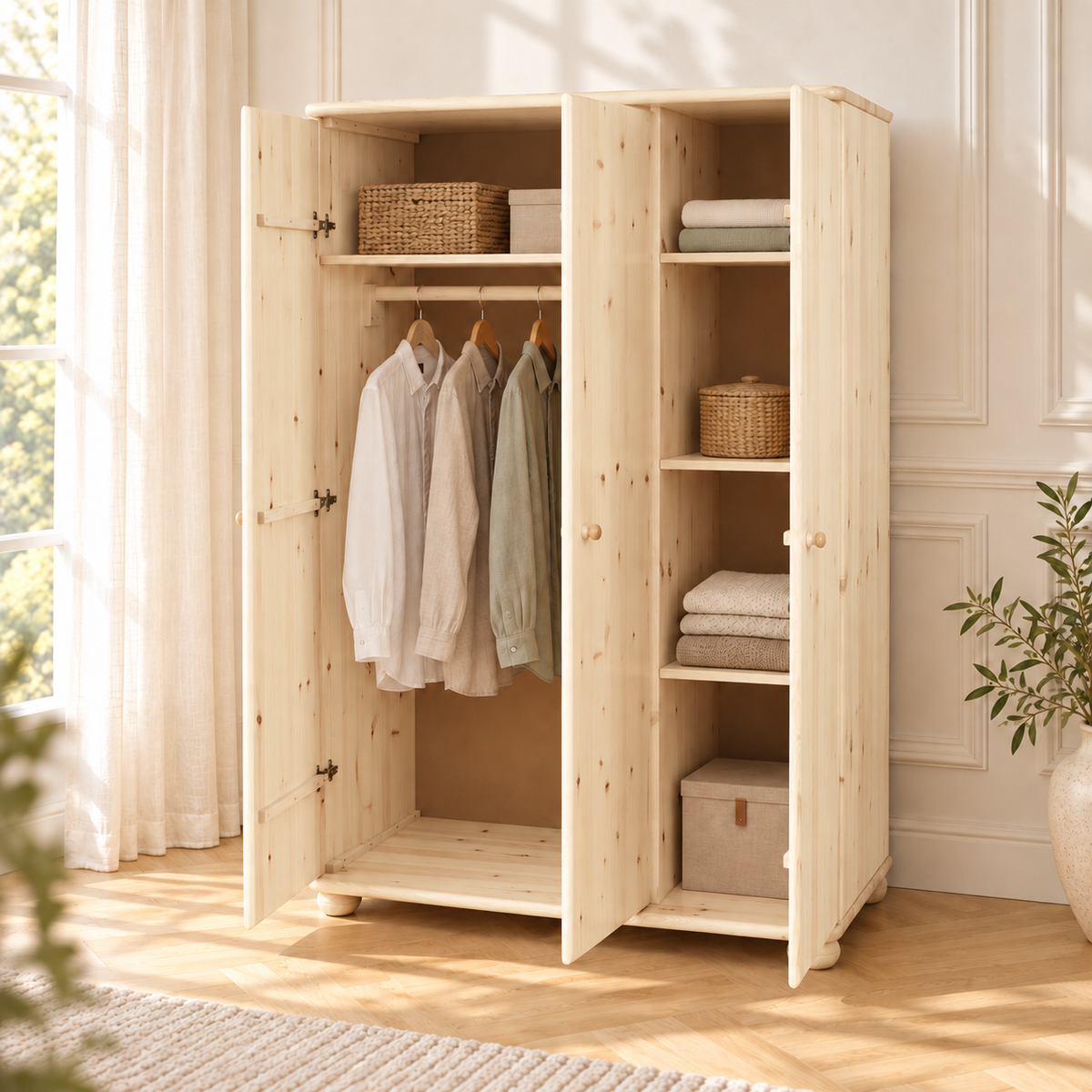 Claudia Kleiderschrank aus Bio Kiefer Massivholz | 3-Türig mit 5-Regalböden und Kleiderstange