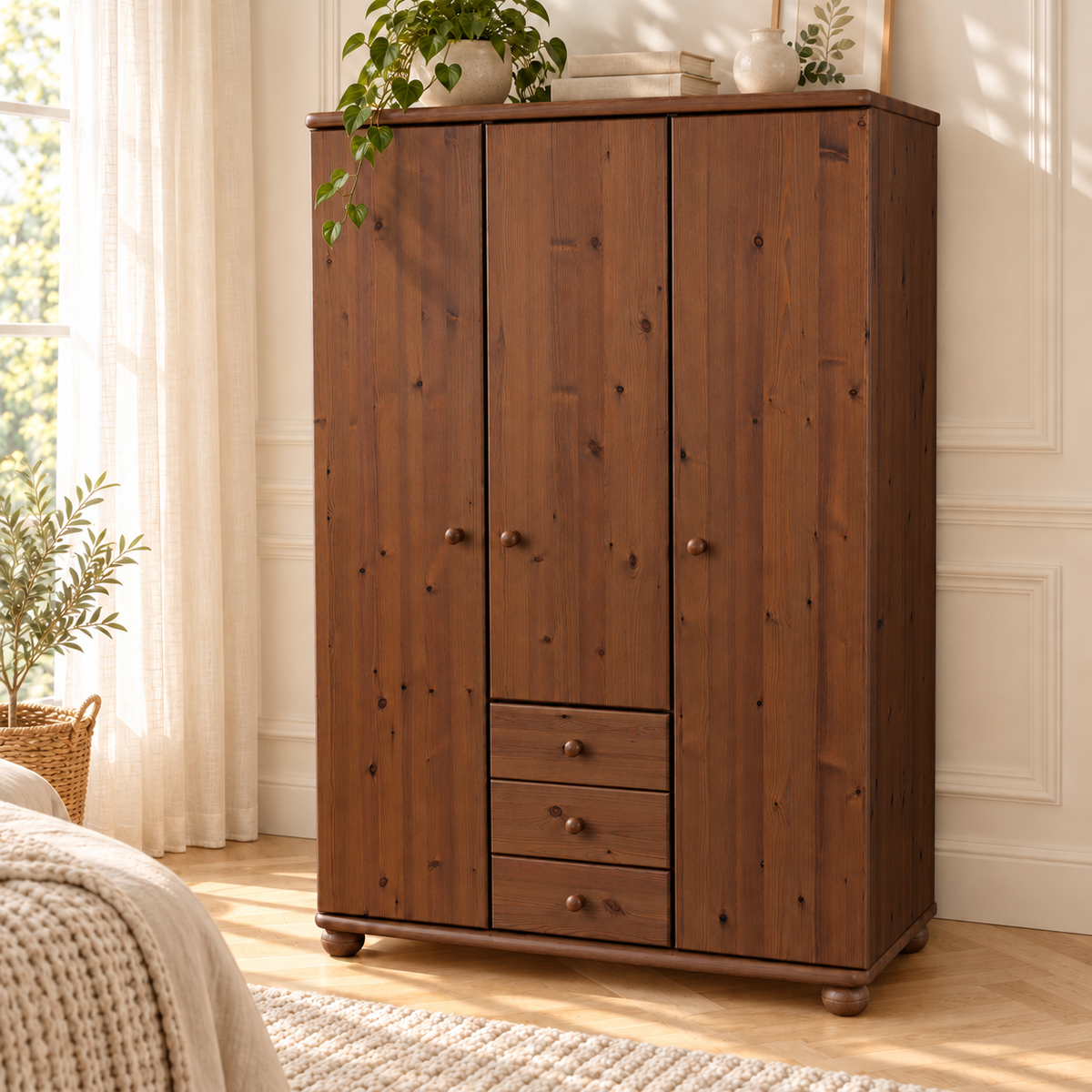 Claudia Hotel Kleiderschrank Bio Kiefer | 3 Türen | 3 Schubladen | Regalböden aus massivem Holz