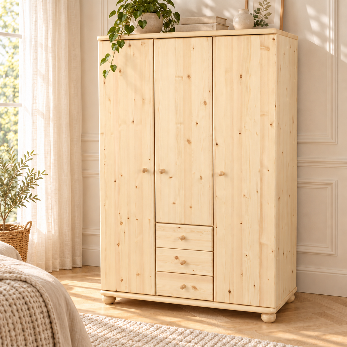 Claudia Hotel Kleiderschrank Bio Kiefer | 3 Türen | 3 Schubladen | Regalböden aus massivem Holz