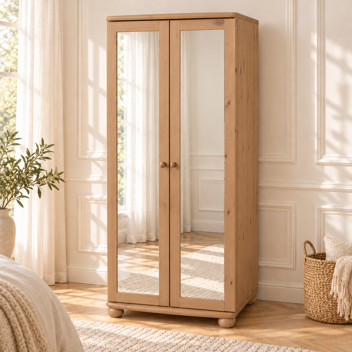 Claudia Kleiderschrank aus Massivholz | 2-türiger Spiegelschrank aus 100% Bio Kiefer