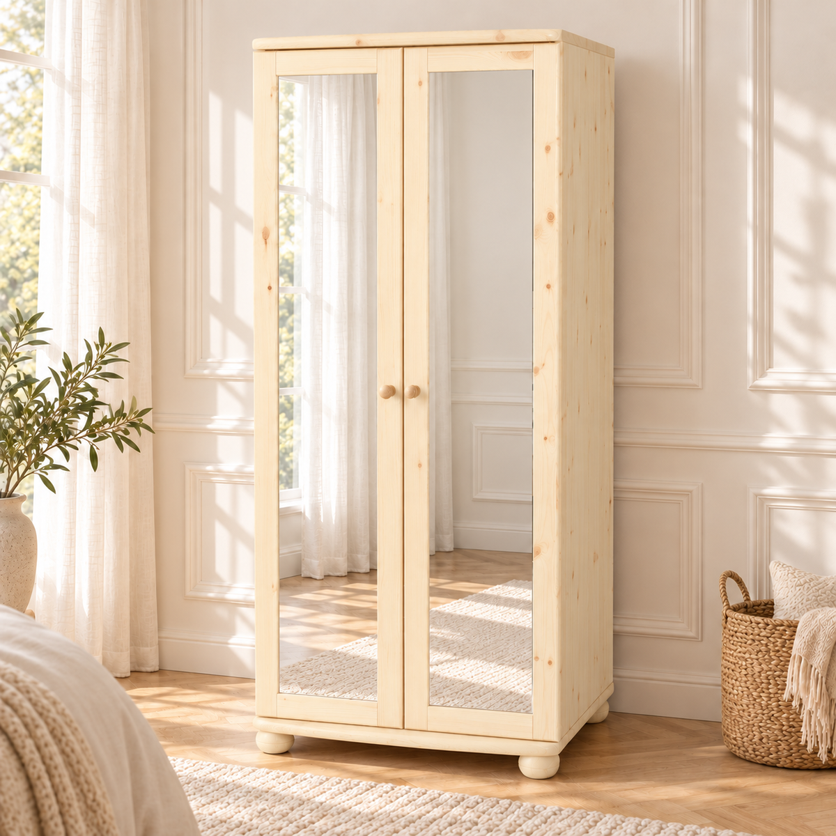 Claudia Kleiderschrank aus Massivholz | 2-türiger Spiegelschrank aus 100% Bio Kiefer