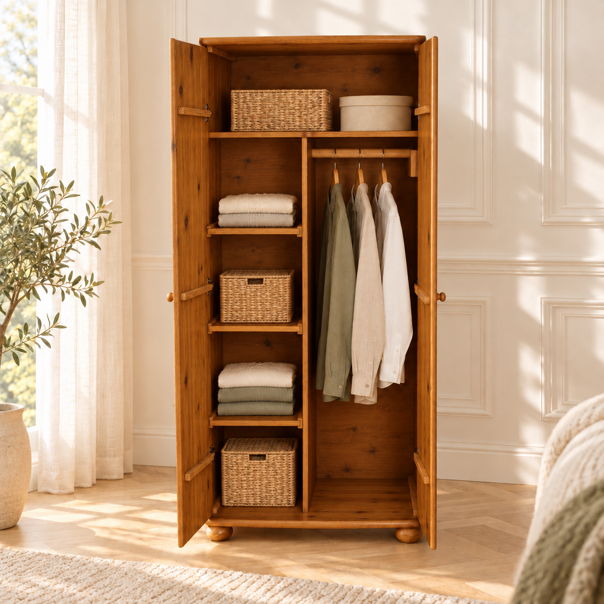 Claudia Kleiderschrank 100% Bio Kiefer | 2-Türig mit Kleiderstange und Regalfächer aus massivem Holz