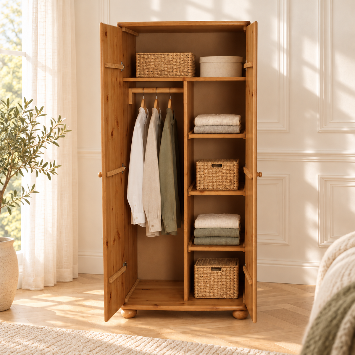 Claudia Kleiderschrank 100% Bio Kiefer | 2-Türig mit Kleiderstange und Regalfächer aus massivem Holz