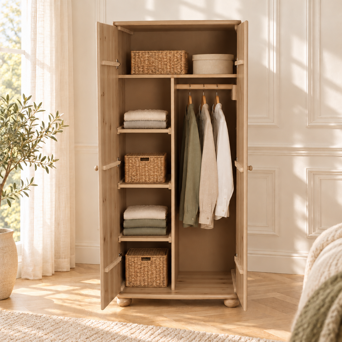 Claudia Kleiderschrank 100% Bio Kiefer | 2-Türig mit Kleiderstange und Regalfächer aus massivem Holz