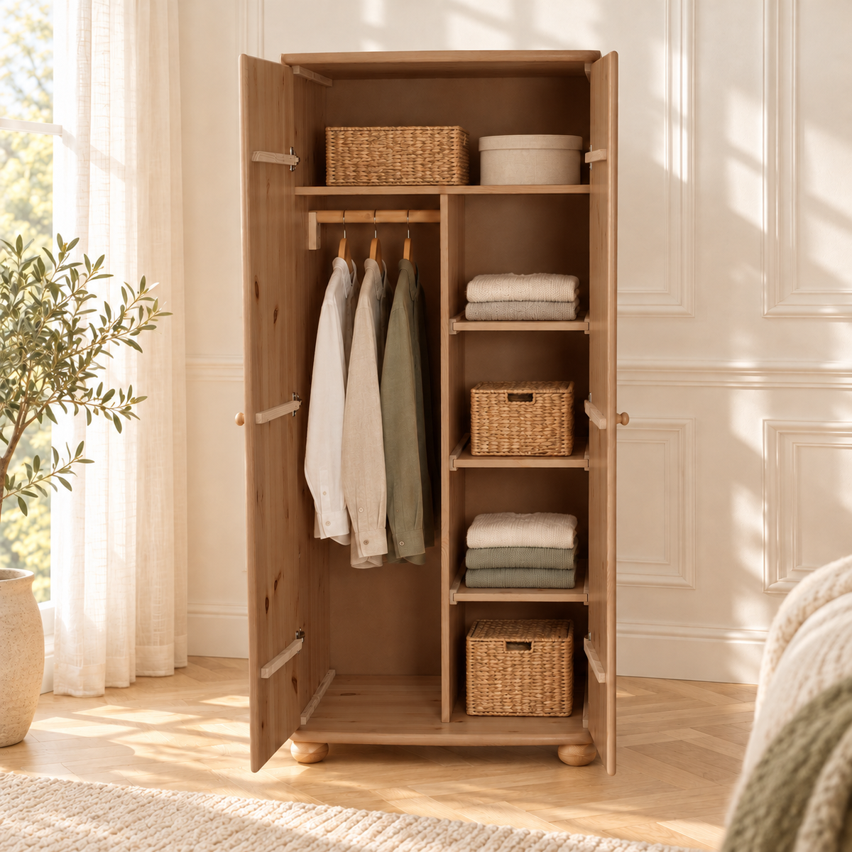 Claudia Kleiderschrank 100% Bio Kiefer | 2-Türig mit Kleiderstange und Regalfächer aus massivem Holz