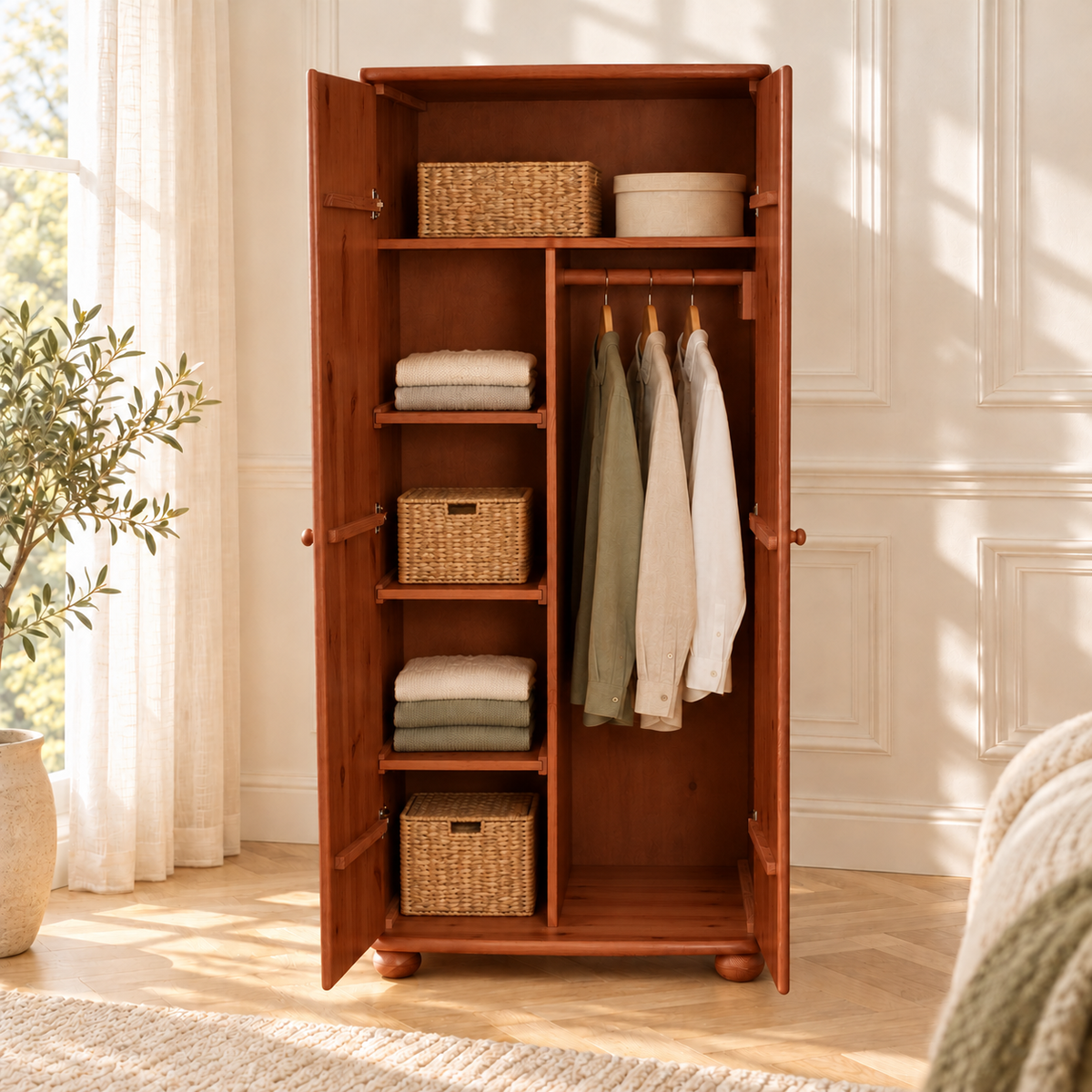 Claudia Kleiderschrank 100% Bio Kiefer | 2-Türig mit Kleiderstange und Regalfächer aus massivem Holz