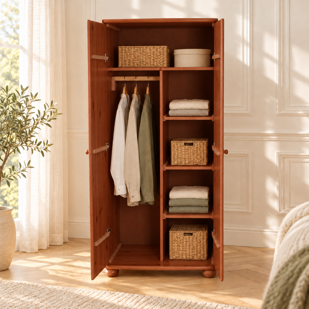 Claudia Kleiderschrank 100% Bio Kiefer | 2-Türig mit Kleiderstange und Regalfächer aus massivem Holz