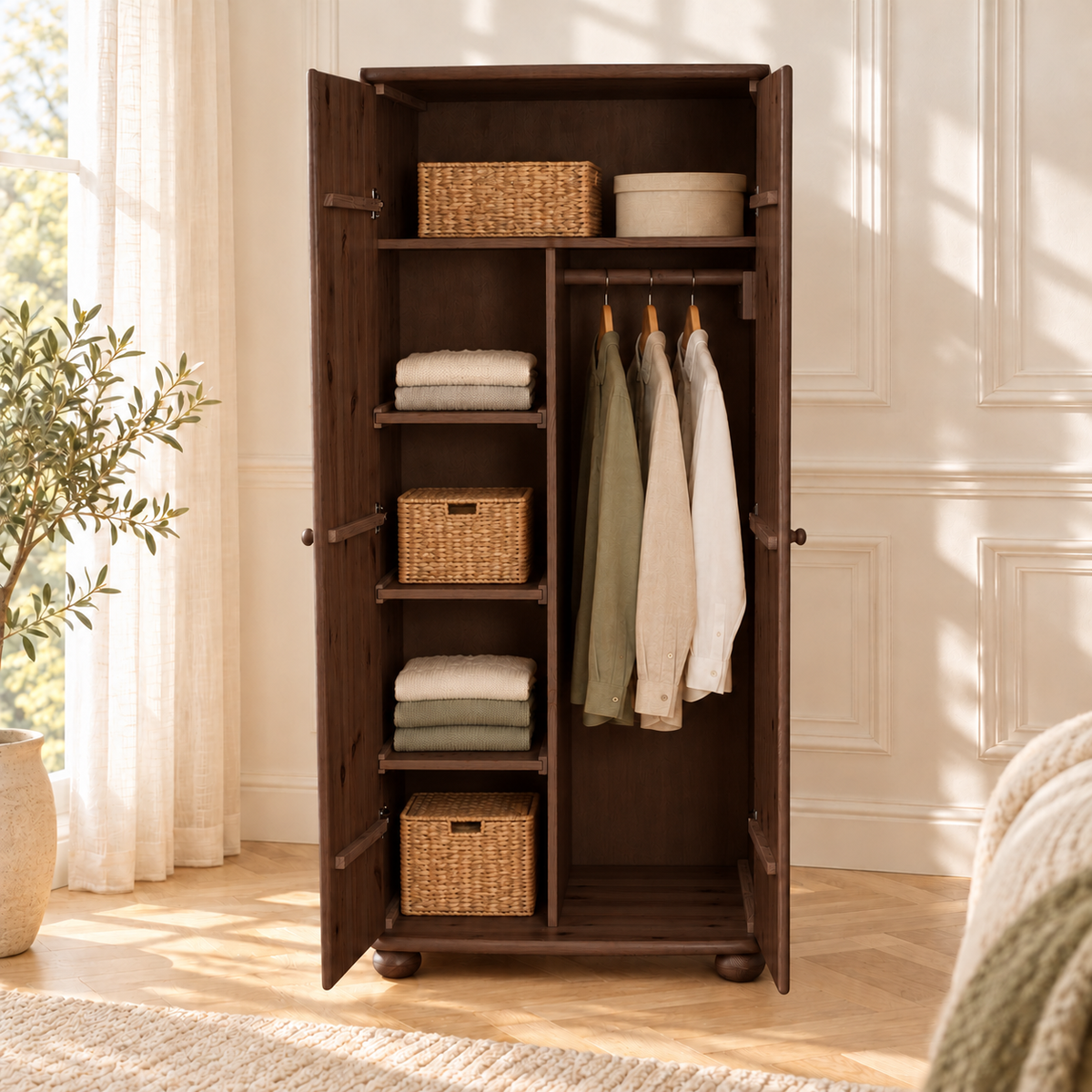 Claudia Kleiderschrank 100% Bio Kiefer | 2-Türig mit Kleiderstange und Regalfächer aus massivem Holz