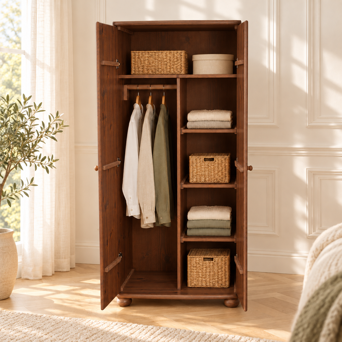 Claudia Kleiderschrank 100% Bio Kiefer | 2-Türig mit Kleiderstange und Regalfächer aus massivem Holz