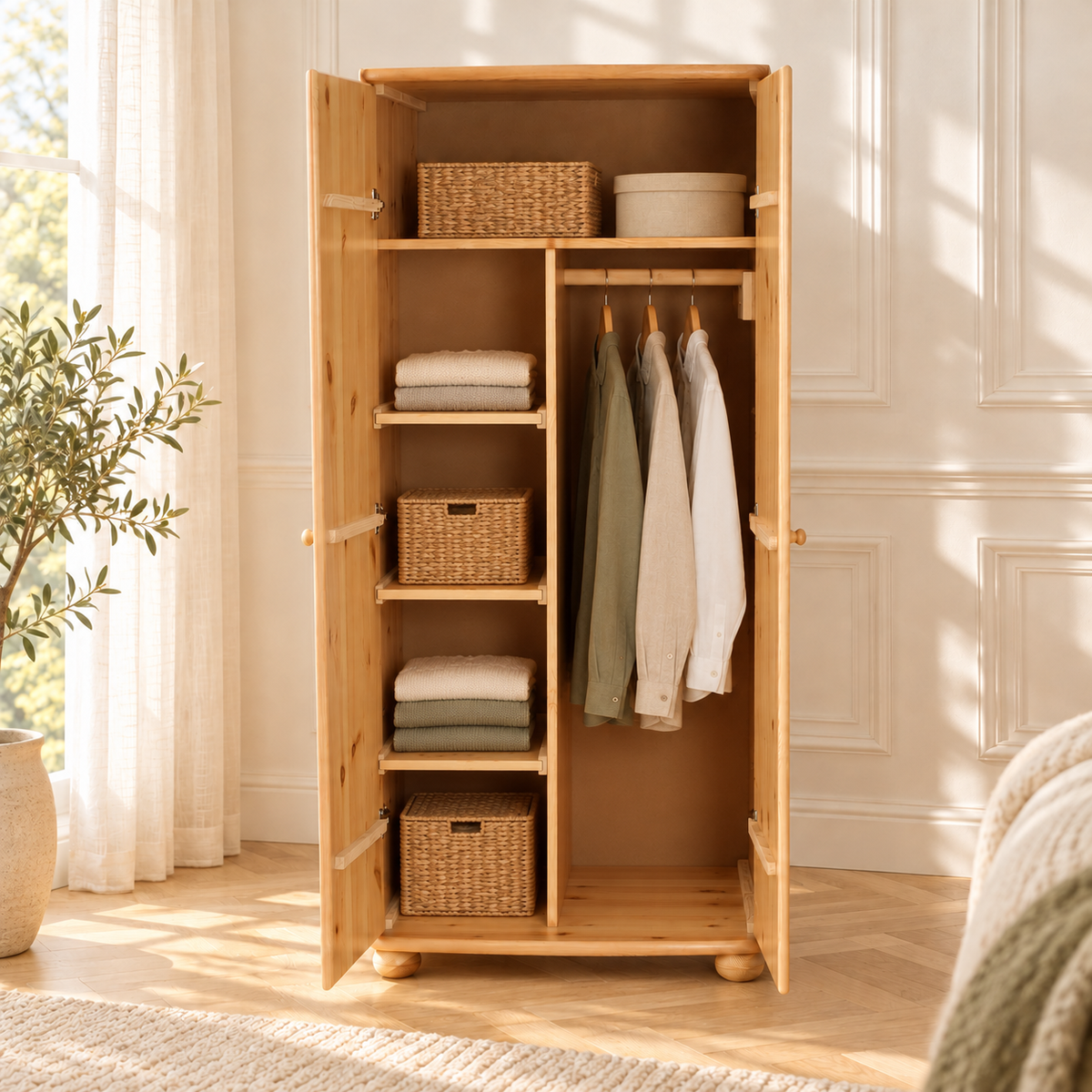 Claudia Kleiderschrank 100% Bio Kiefer | 2-Türig mit Kleiderstange und Regalfächer aus massivem Holz