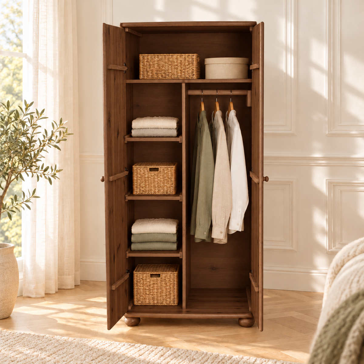 Claudia Kleiderschrank 100% Bio Kiefer | 2-Türig mit Kleiderstange und Regalfächer aus massivem Holz