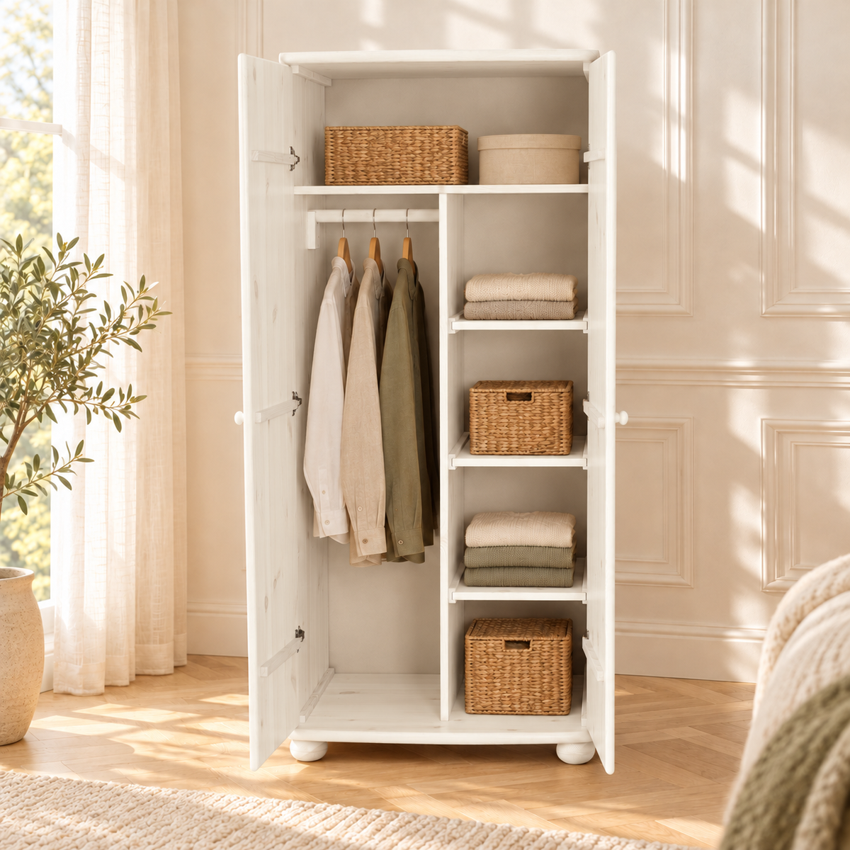 Claudia Kleiderschrank 100% Bio Kiefer | 2-Türig mit Kleiderstange und Regalfächer aus massivem Holz
