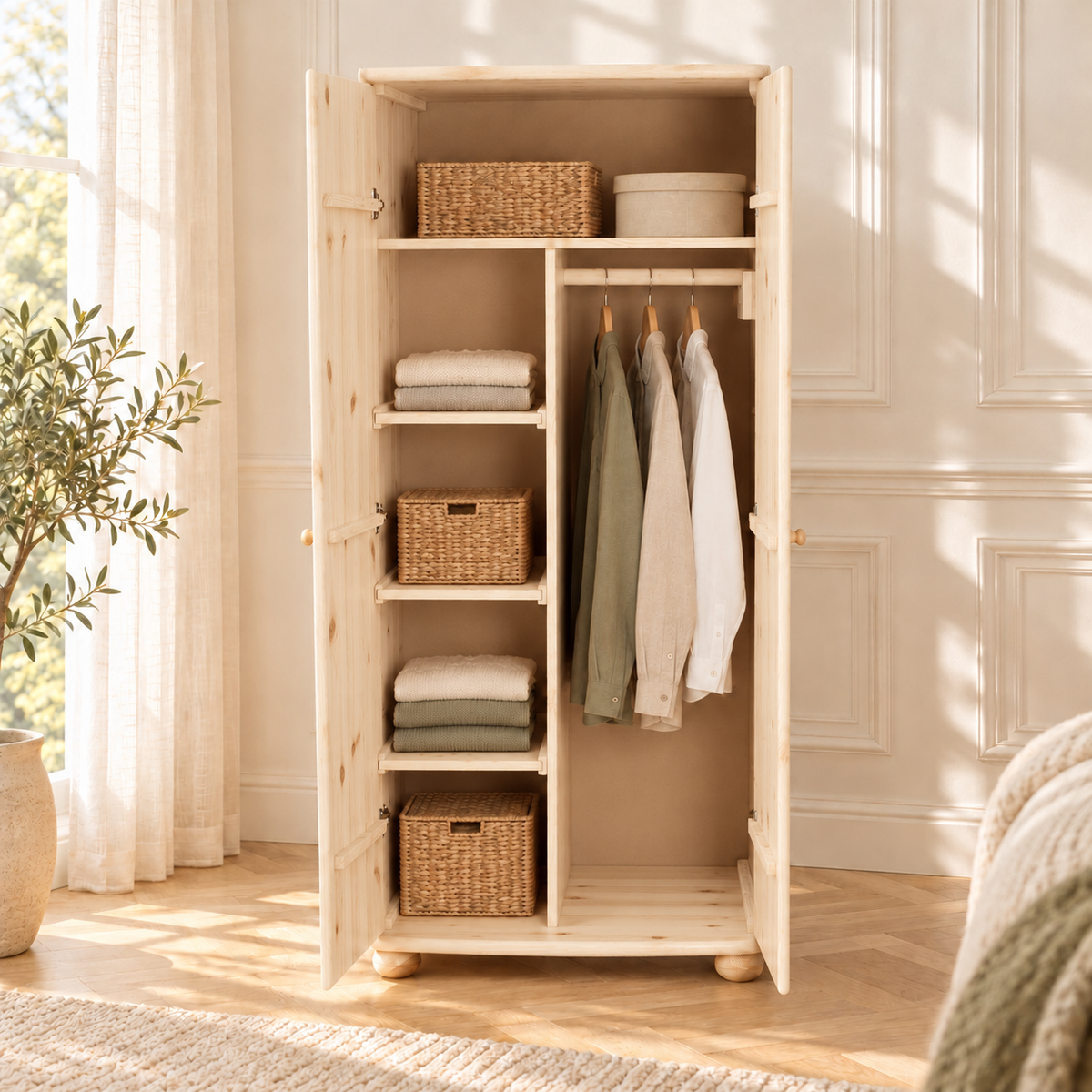 Claudia Kleiderschrank 100% Bio Kiefer | 2-Türig mit Kleiderstange und Regalfächer aus massivem Holz