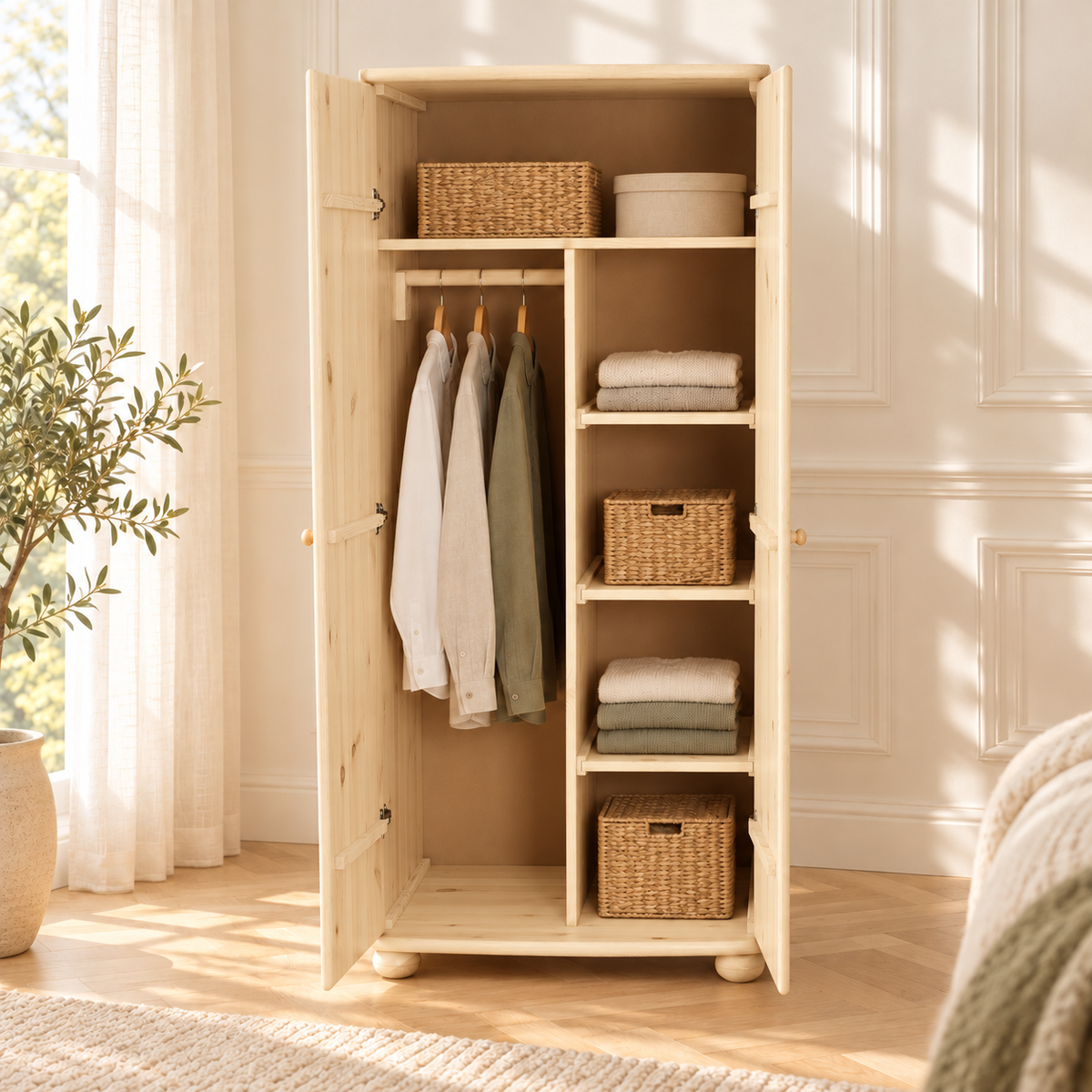 Claudia Kleiderschrank 100% Bio Kiefer | 2-Türig mit Kleiderstange und Regalfächer aus massivem Holz
