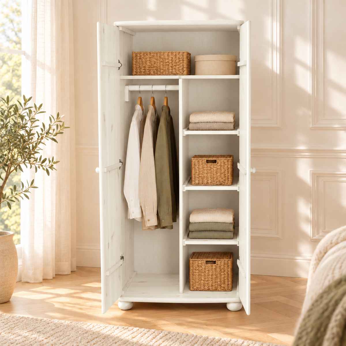 Claudia Kleiderschrank 100% Bio Kiefer | 2-Türig mit Kleiderstange und Regalfächer aus massivem Holz
