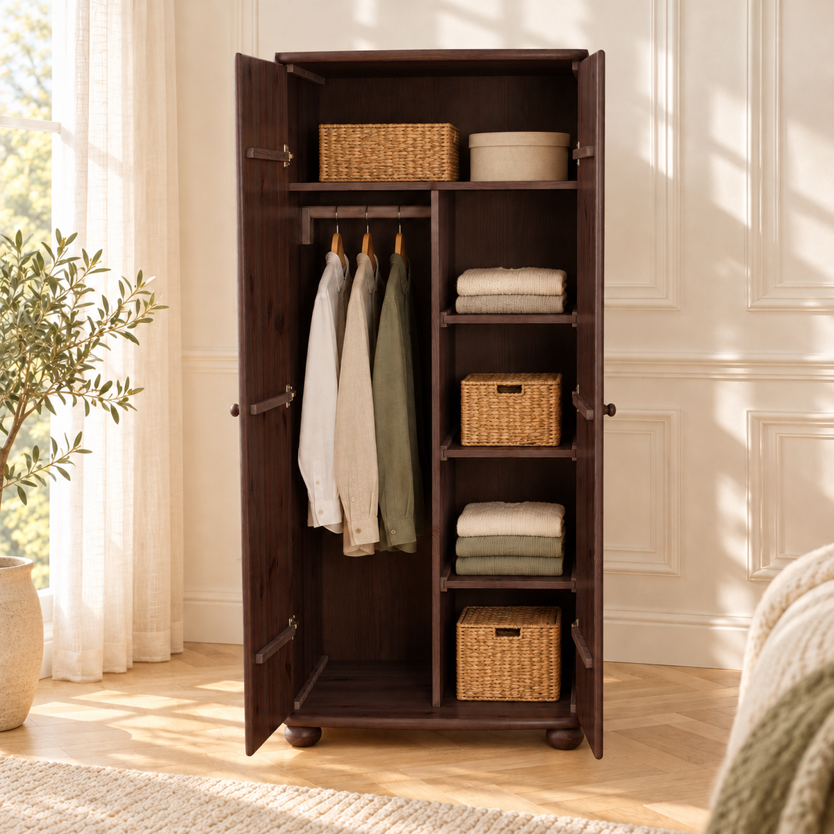 Claudia Kleiderschrank 100% Bio Kiefer | 2-Türig mit Kleiderstange und Regalfächer aus massivem Holz