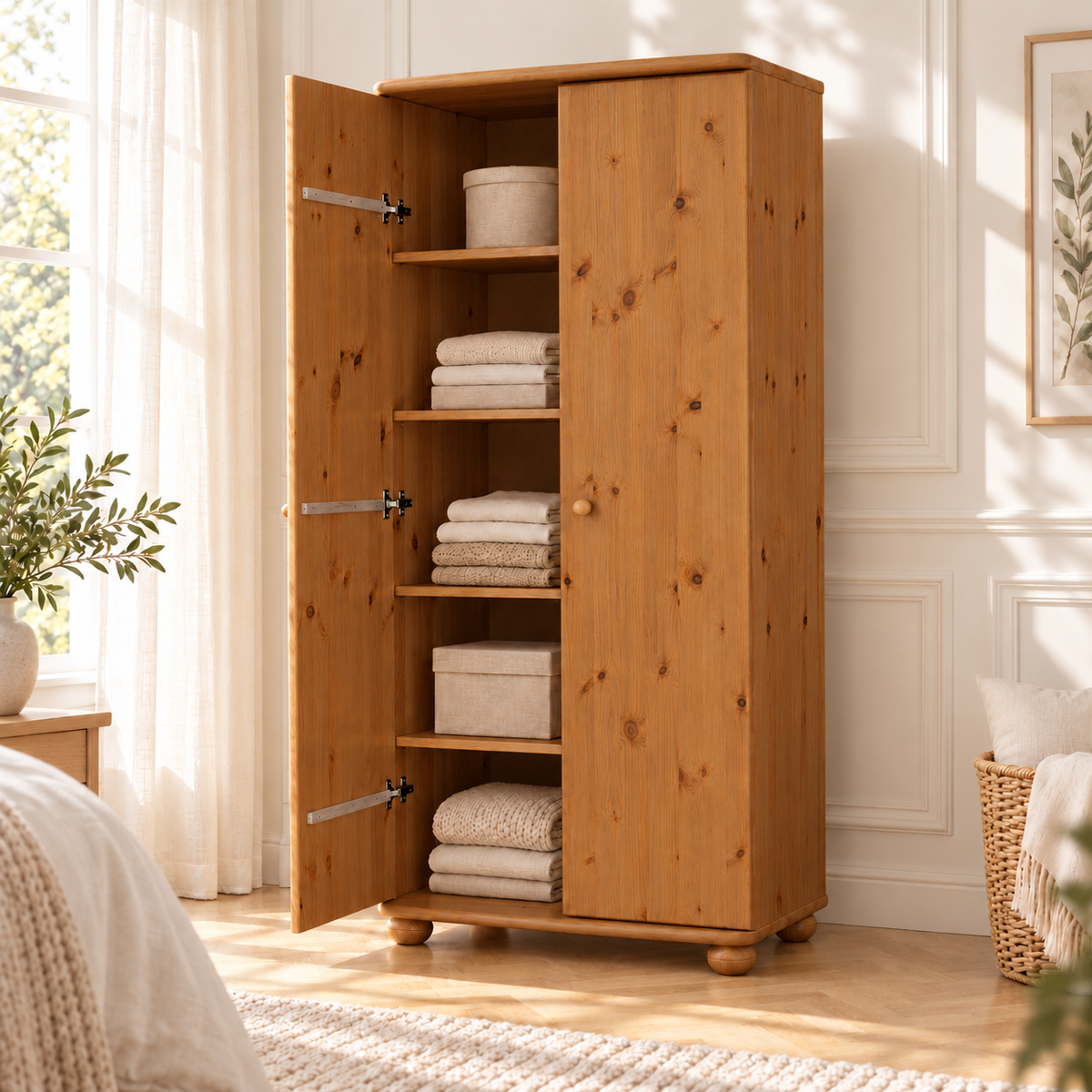 Claudia Kleiderschrank Bio Kiefer 2-türig | 45cm / 62cm Tiefe | 100% Massivholz mit Regalfächern