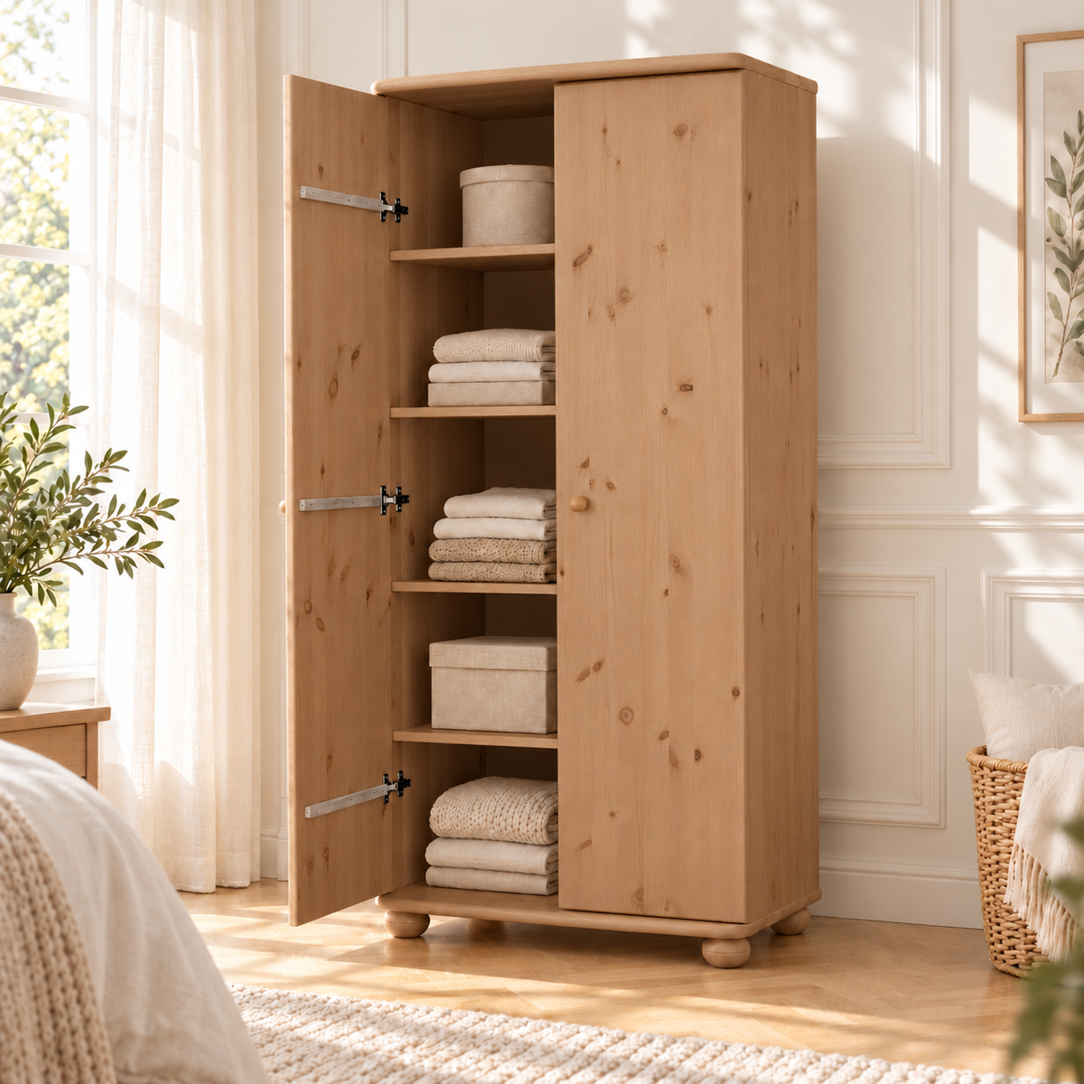 Claudia Kleiderschrank Bio Kiefer 2-türig | 45cm / 62cm Tiefe | 100% Massivholz mit Regalfächern