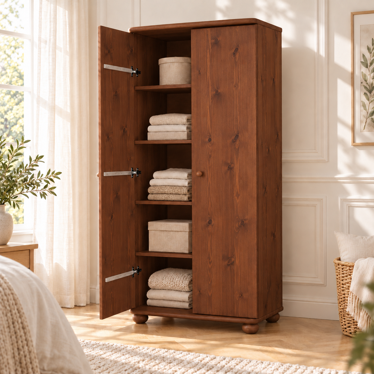 Claudia Kleiderschrank Bio Kiefer 2-türig | 45cm / 62cm Tiefe | 100% Massivholz mit Regalfächern