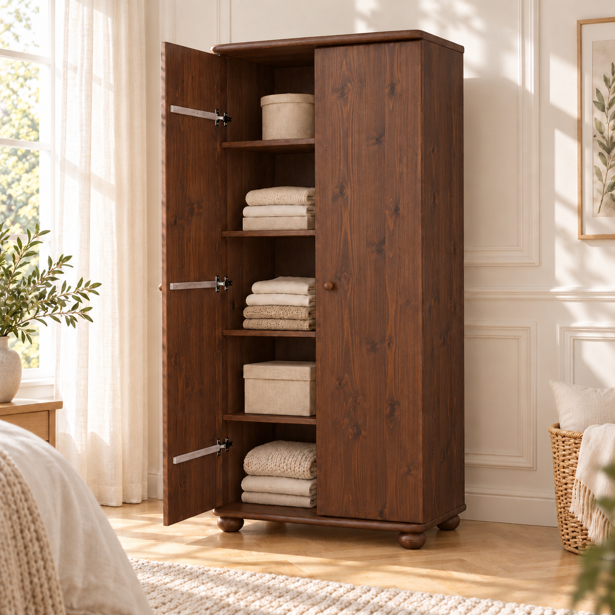 Claudia Kleiderschrank Bio Kiefer 2-türig | 45cm / 62cm Tiefe | 100% Massivholz mit Regalfächern