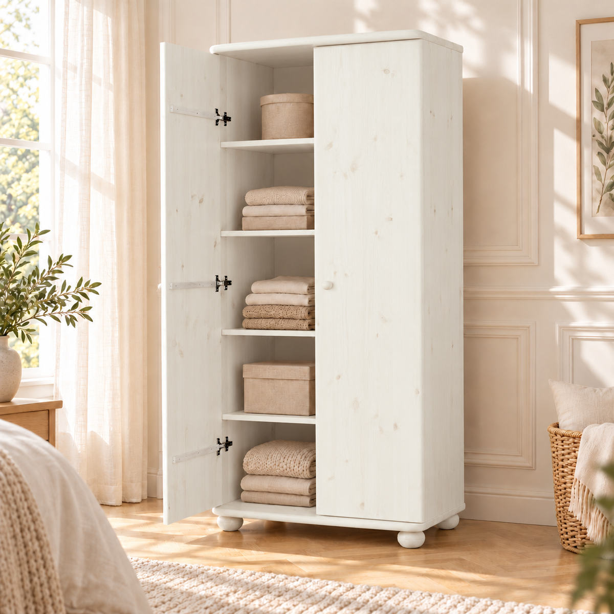 Claudia Kleiderschrank Bio Kiefer 2-türig | 45cm / 62cm Tiefe | 100% Massivholz mit Regalfächern