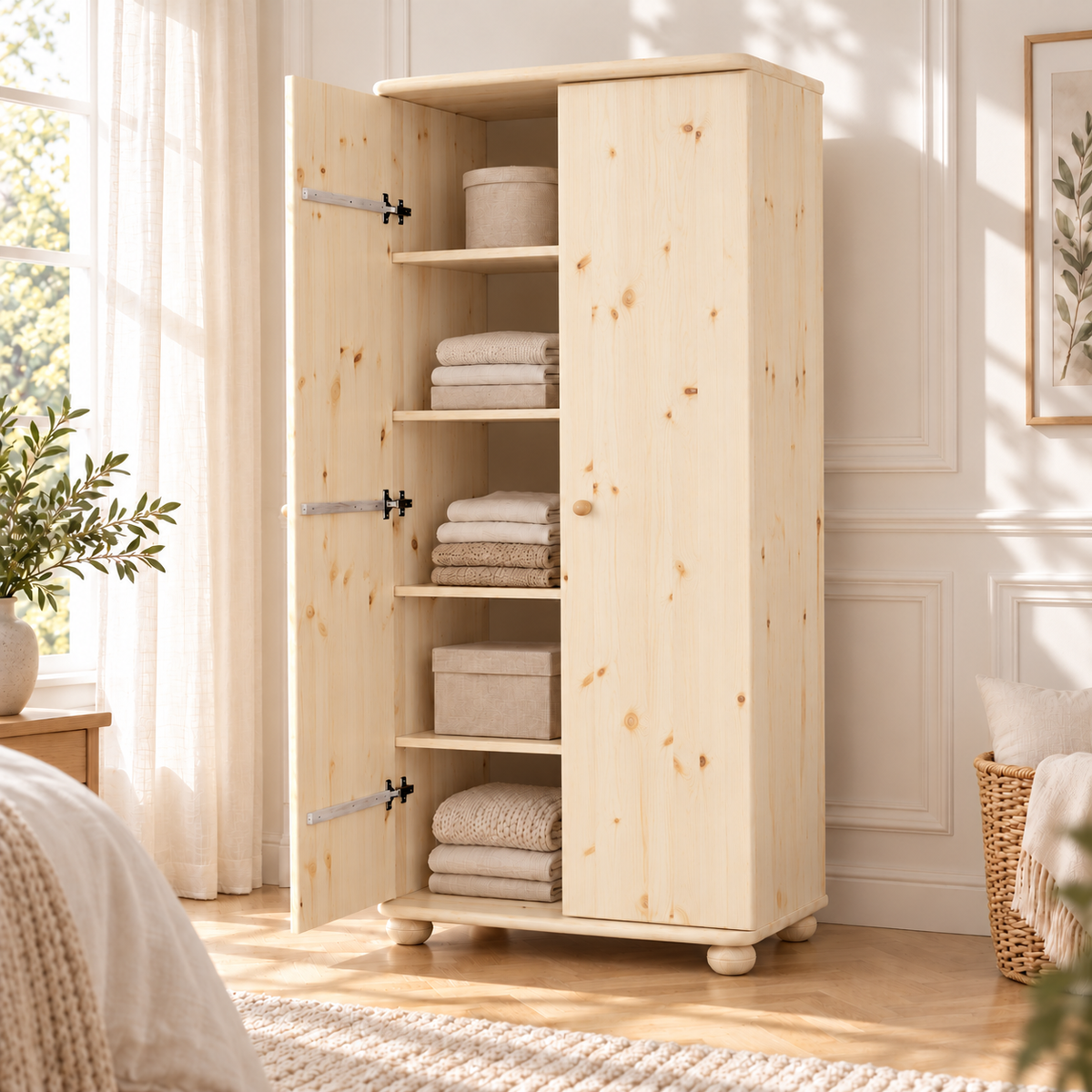 Claudia Kleiderschrank Bio Kiefer 2-türig | 45cm / 62cm Tiefe | 100% Massivholz mit Regalfächern