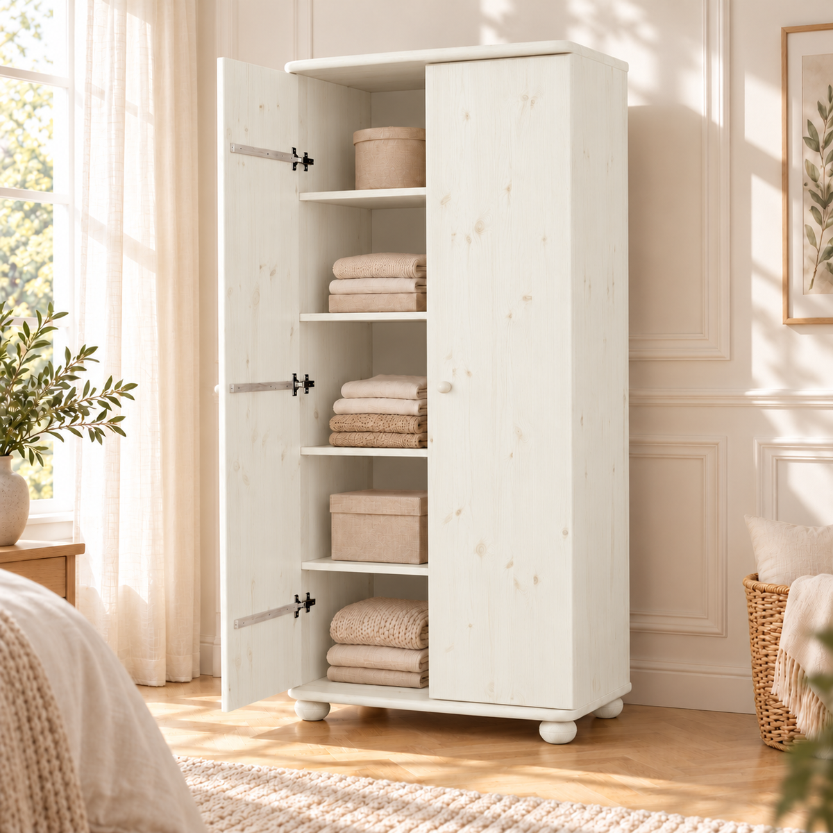 Claudia Kleiderschrank Bio Kiefer 2-türig | 45cm / 62cm Tiefe | 100% Massivholz mit Regalfächern