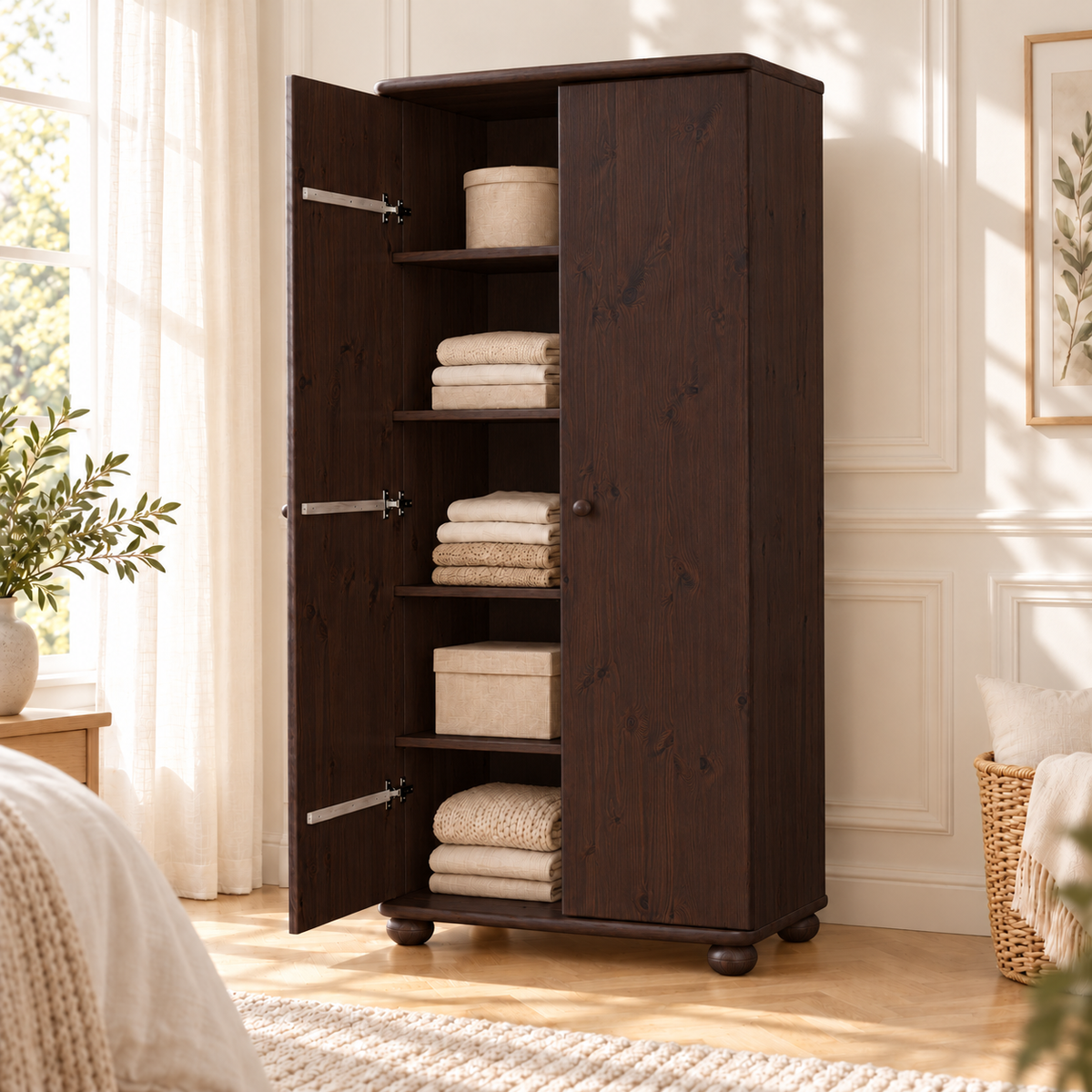 Claudia Kleiderschrank Bio Kiefer 2-türig | 45cm / 62cm Tiefe | 100% Massivholz mit Regalfächern