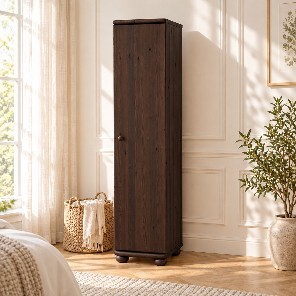 Claudia Kleiderschrank Bio Kiefer 1-türig | 45 cm Tiefe mit Kleiderstange aus 100% Massivholz