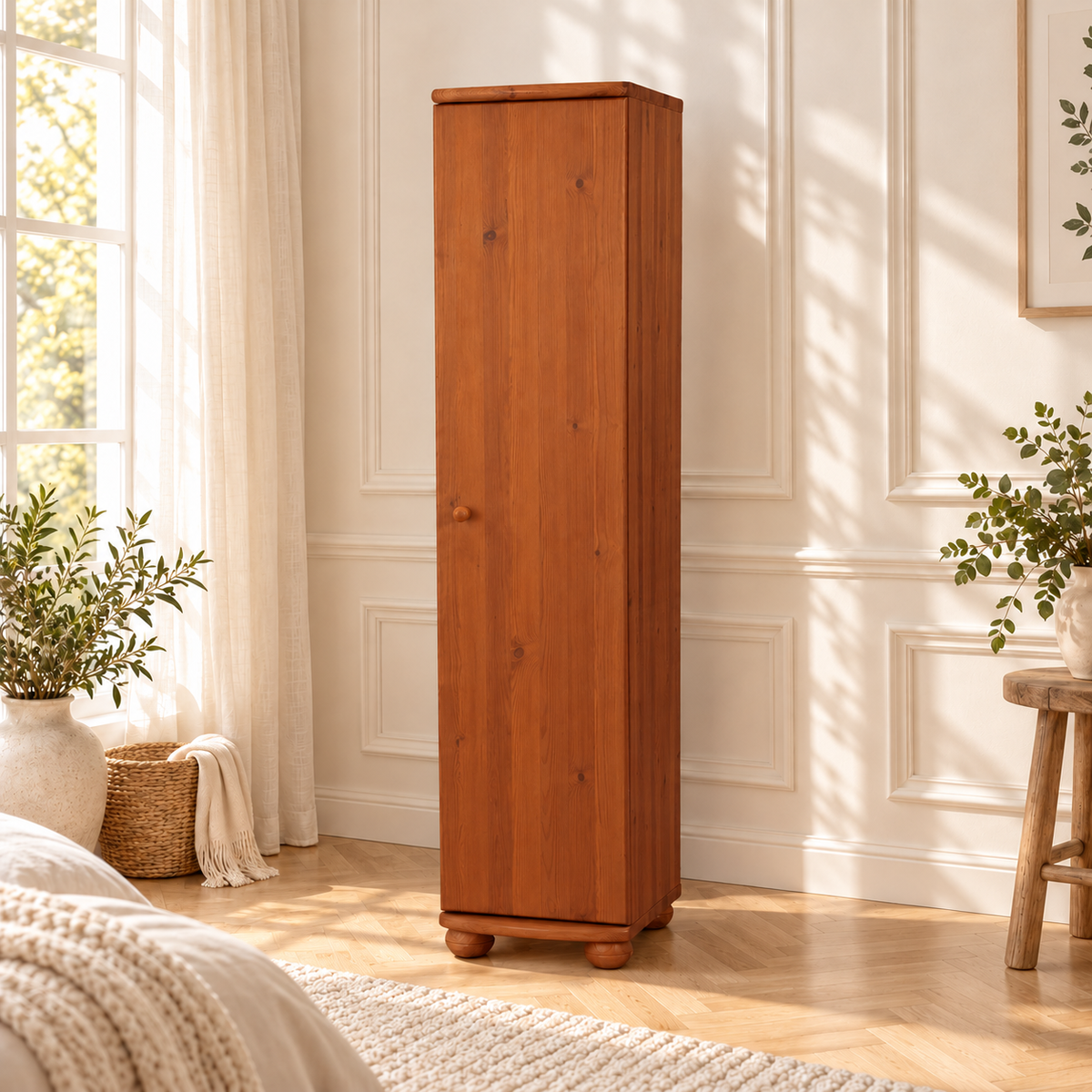 Claudia Kleiderschrank Bio Kiefer 45 cm Tiefe | 1-Türig mit 4 Regalen aus 100% Massivholz