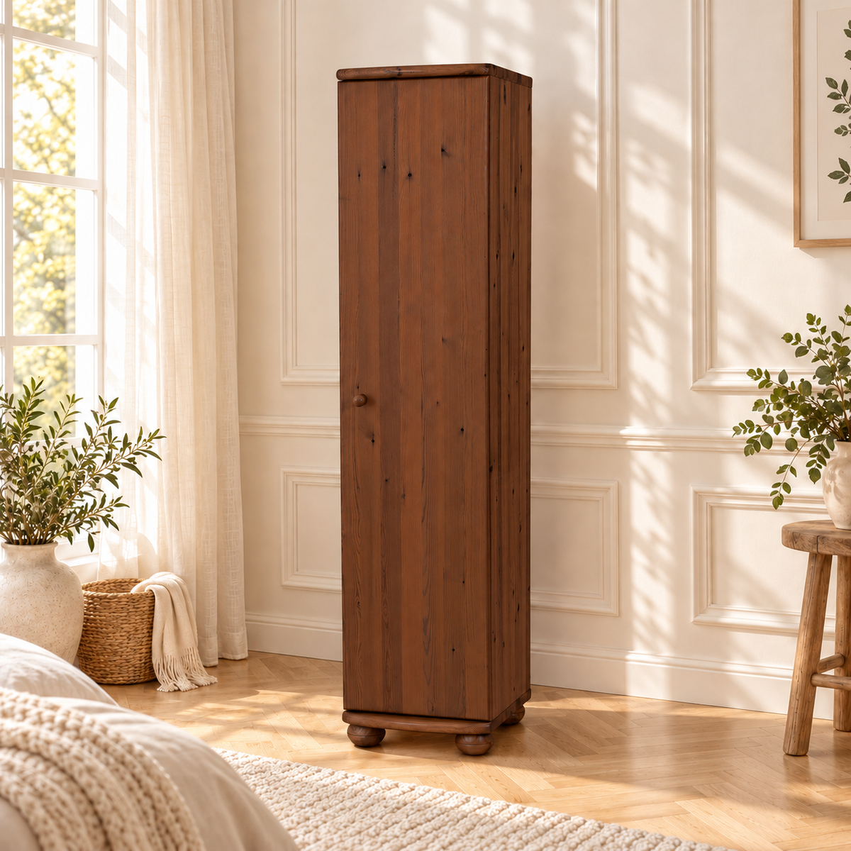 Claudia Kleiderschrank Bio Kiefer 45 cm Tiefe | 1-Türig mit 4 Regalen aus 100% Massivholz