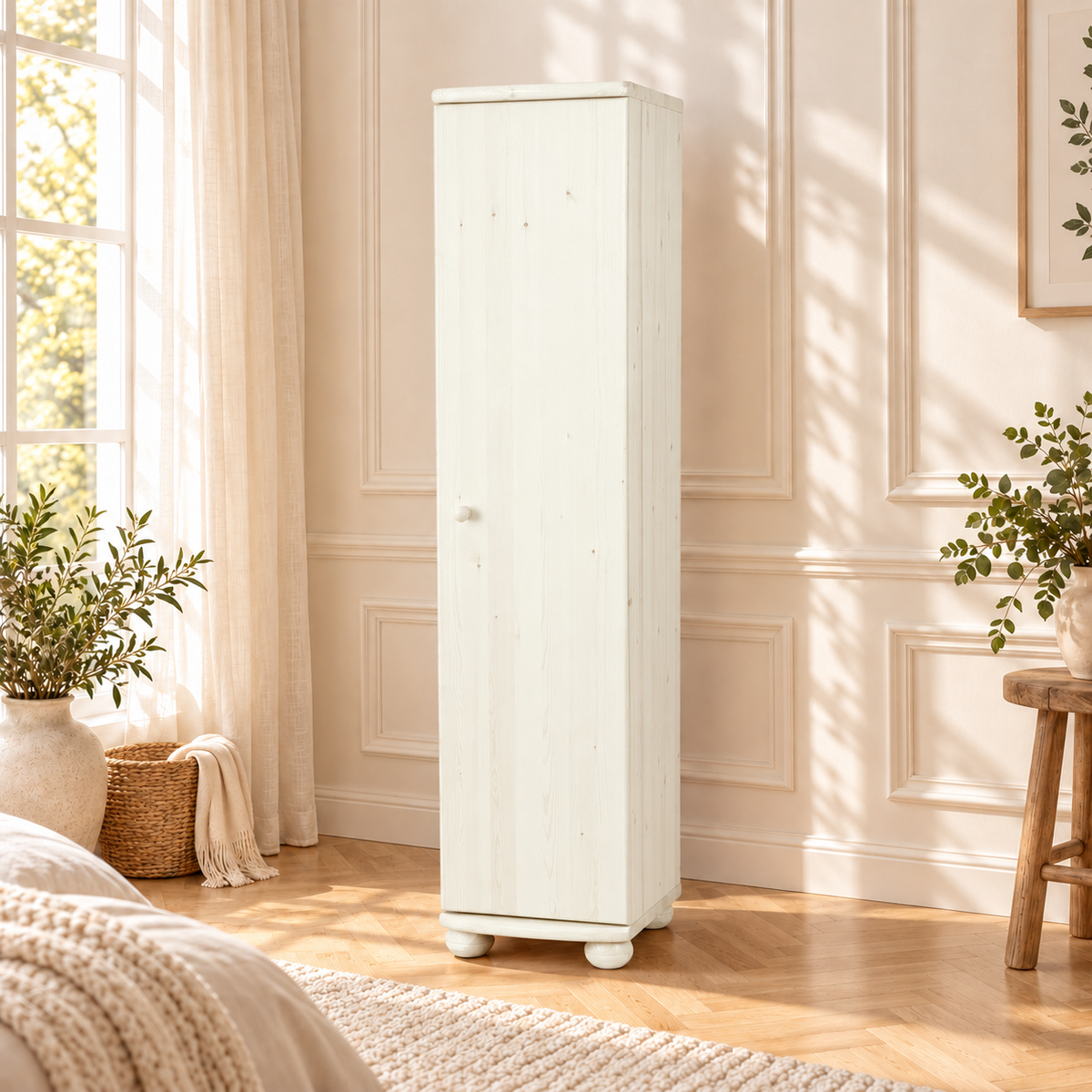 Claudia Kleiderschrank Bio Kiefer 45 cm Tiefe | 1-Türig mit 4 Regalen aus 100% Massivholz