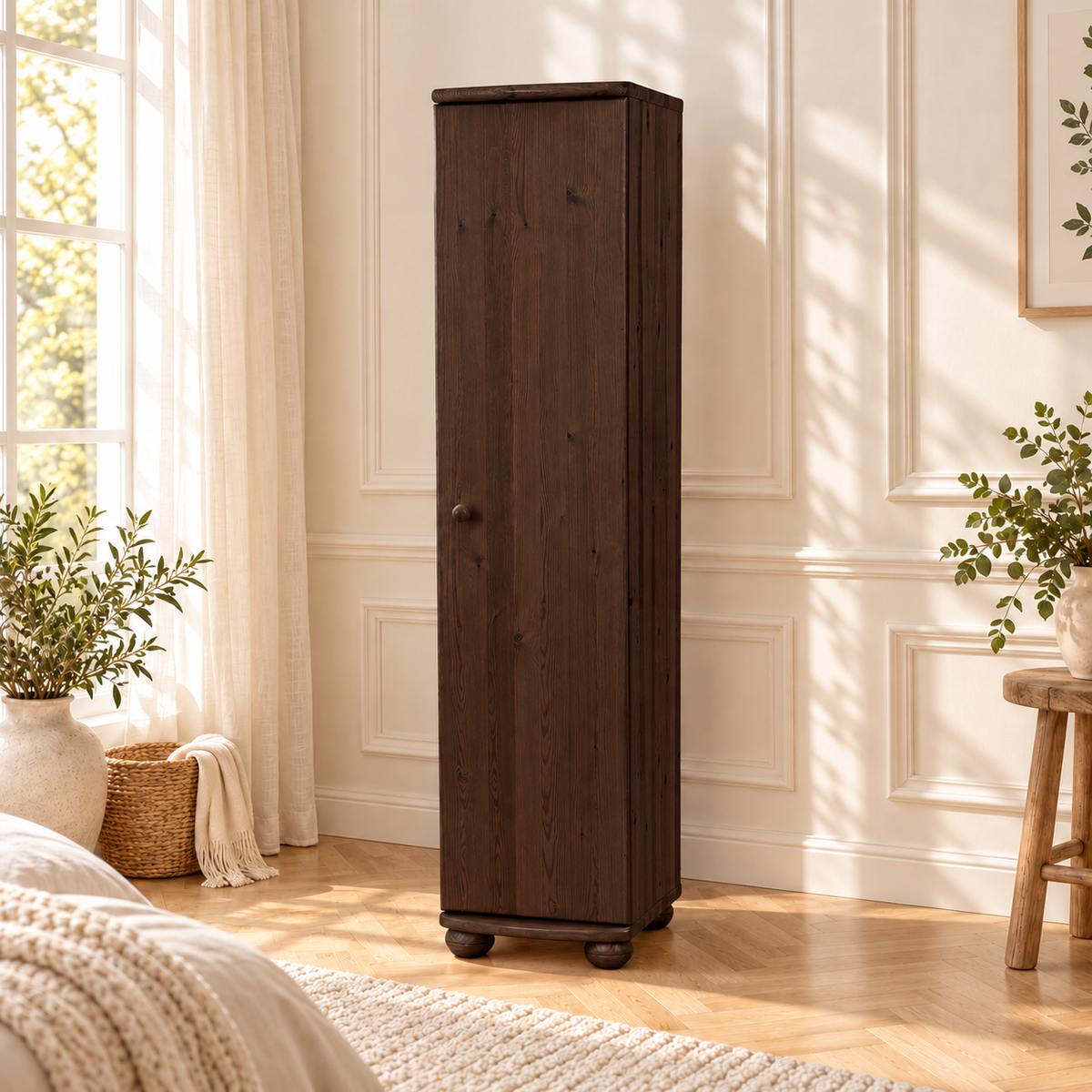 Claudia Kleiderschrank Bio Kiefer 45 cm Tiefe | 1-Türig mit 4 Regalen aus 100% Massivholz