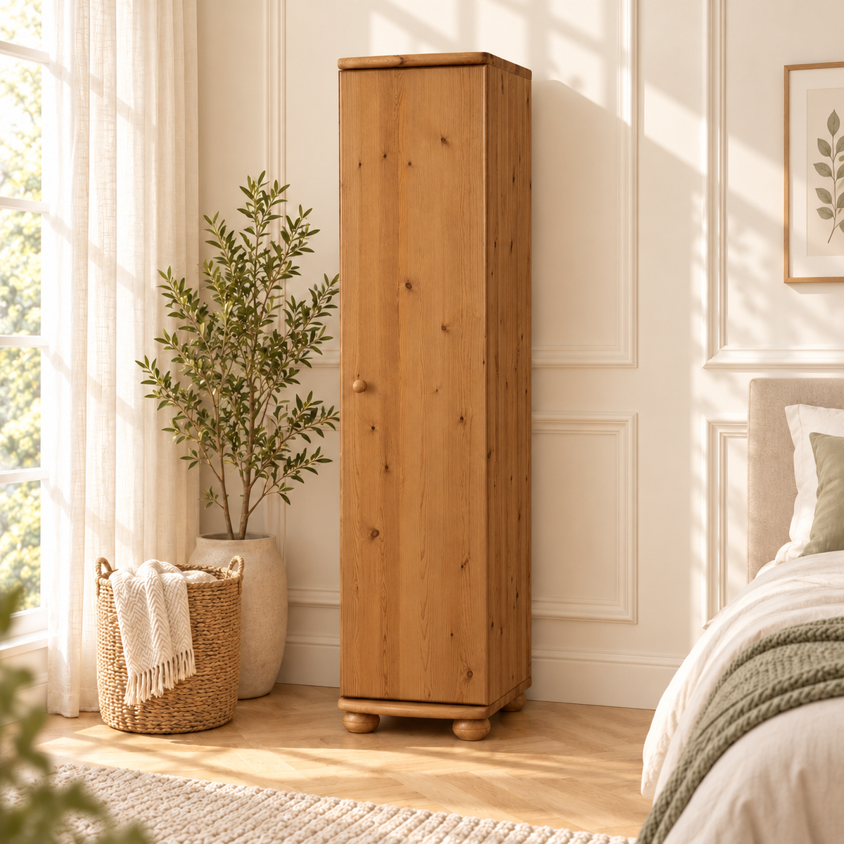 Claudia Kleiderschrank Bio Kiefer 62cm Tiefe | 1-Türig mit 4 Regalen aus 100% Massivholz