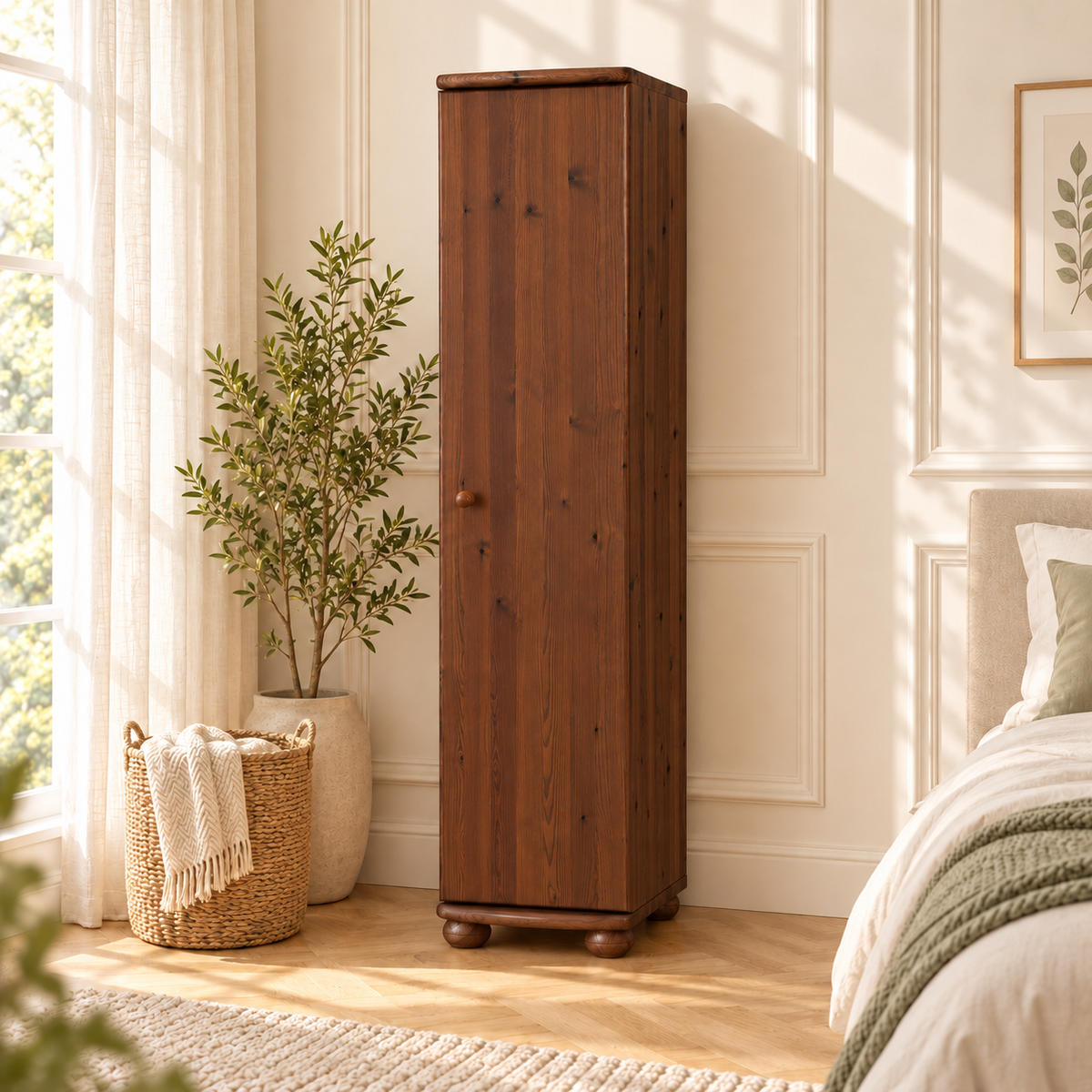 Claudia Kleiderschrank Bio Kiefer 62cm Tiefe | 1-Türig mit 4 Regalen aus 100% Massivholz