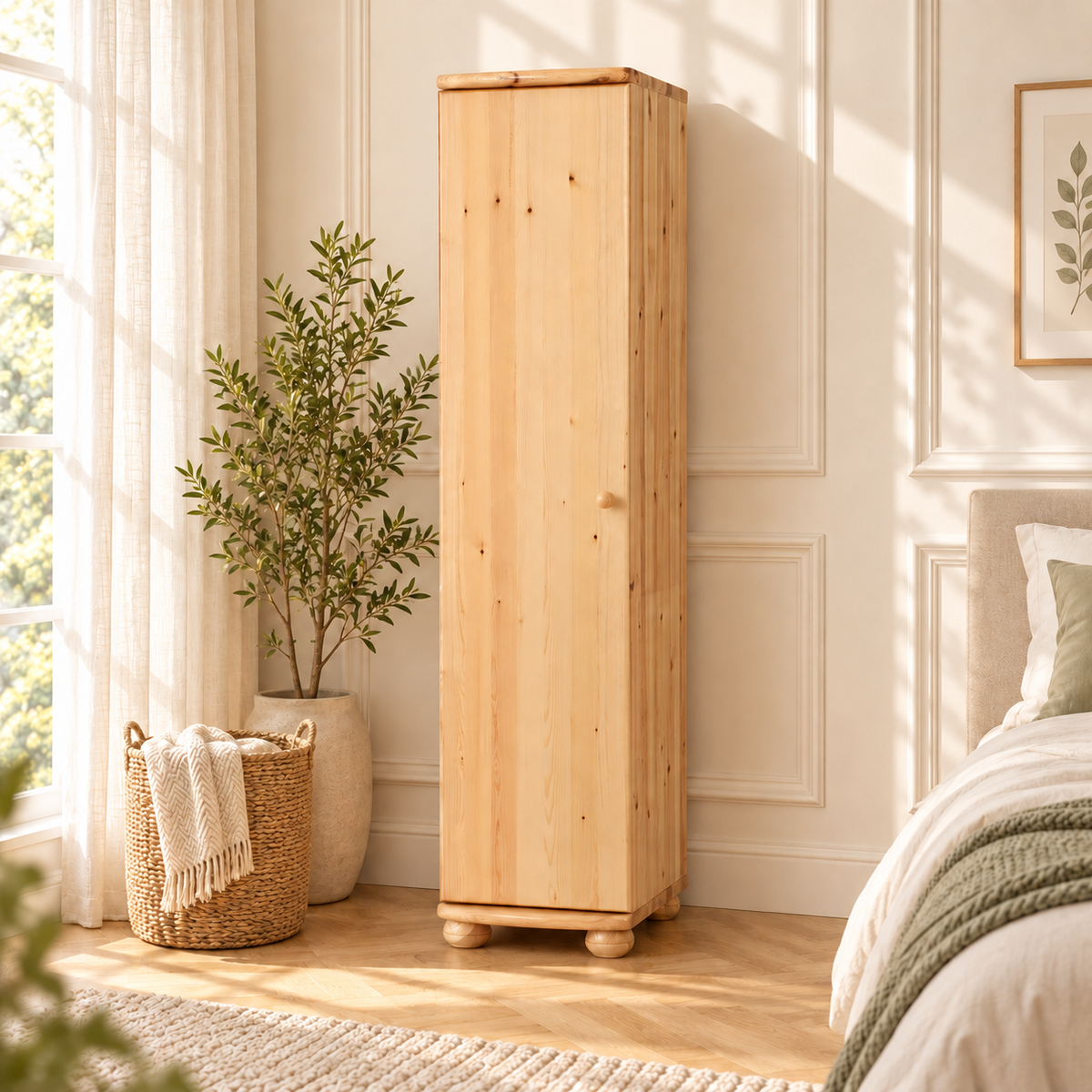Claudia Kleiderschrank Bio Kiefer 62cm Tiefe | 1-Türig mit 4 Regalen aus 100% Massivholz