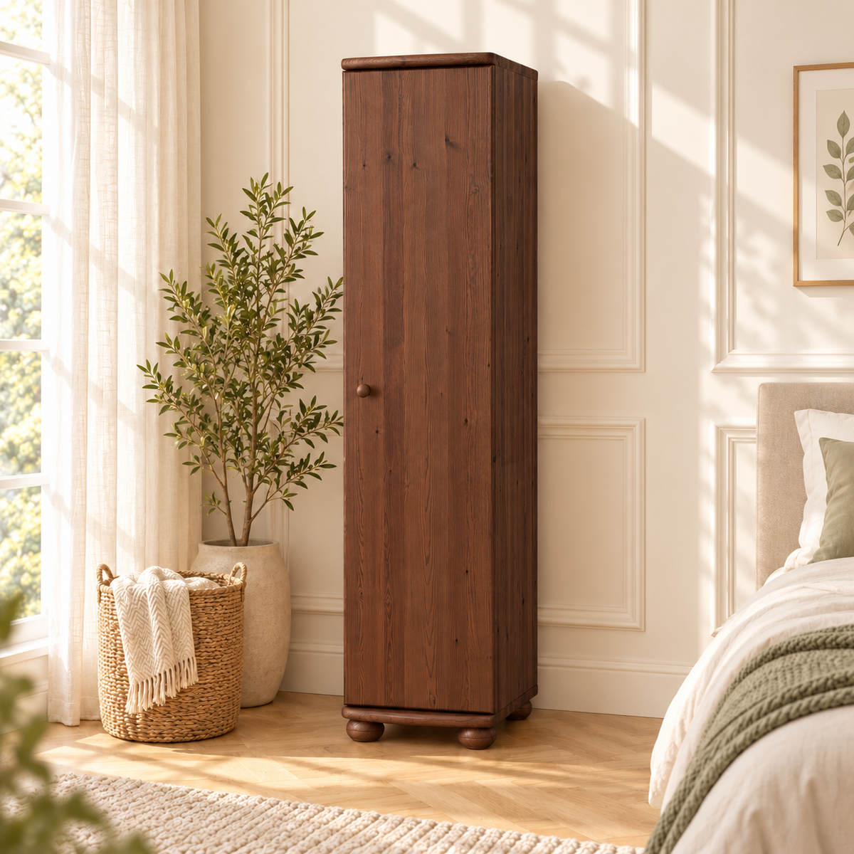 Claudia Kleiderschrank Bio Kiefer 62cm Tiefe | 1-Türig mit 4 Regalen aus 100% Massivholz