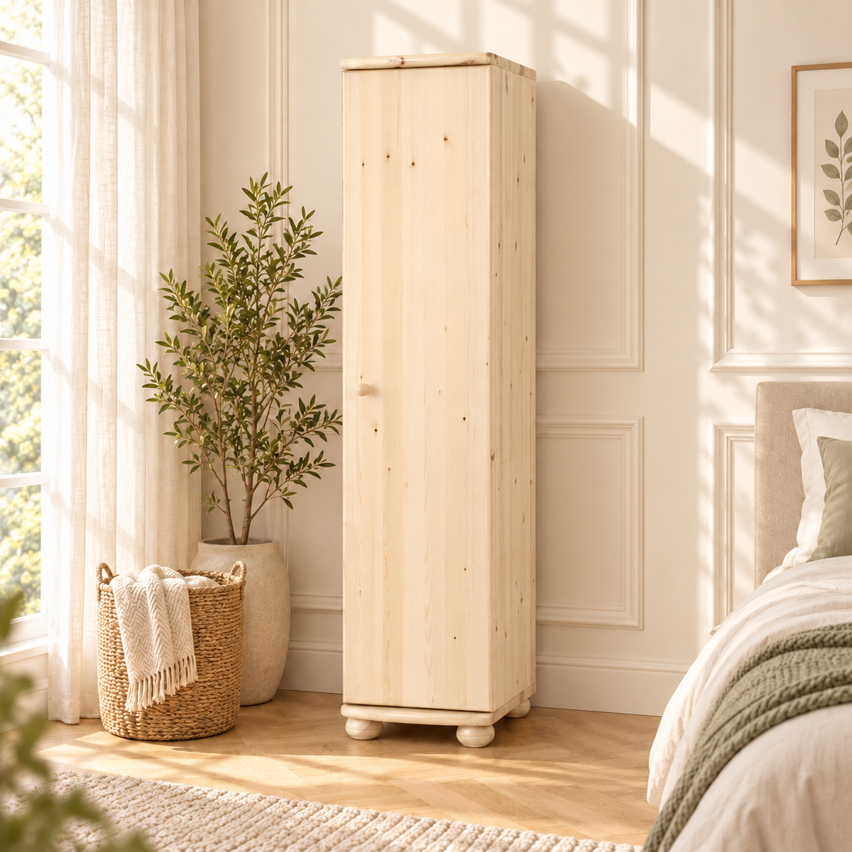 Claudia Kleiderschrank Bio Kiefer 62cm Tiefe | 1-Türig mit 4 Regalen aus 100% Massivholz