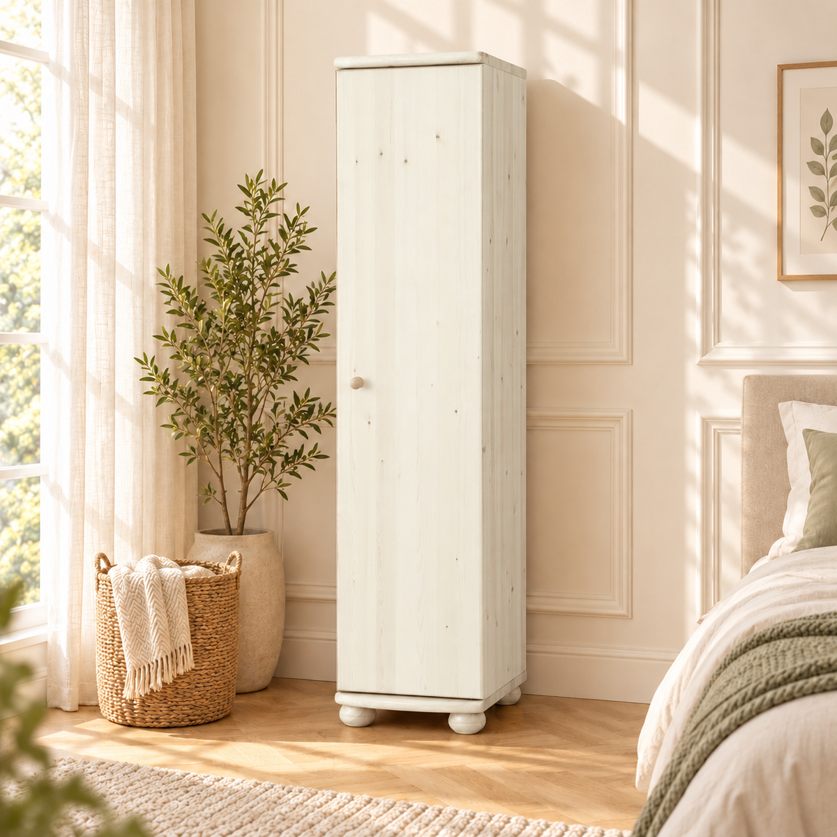 Claudia Kleiderschrank Bio Kiefer 62cm Tiefe | 1-Türig mit 4 Regalen aus 100% Massivholz