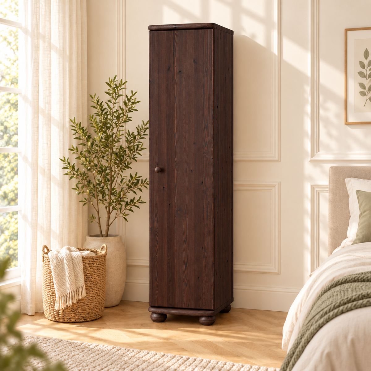Claudia Kleiderschrank Bio Kiefer 62cm Tiefe | 1-Türig mit 4 Regalen aus 100% Massivholz