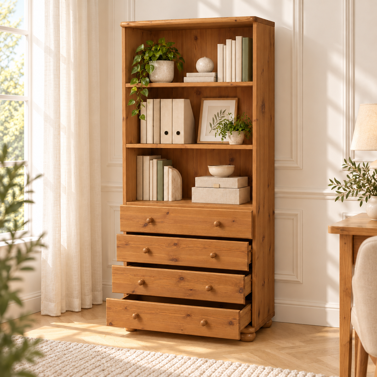 Claudia Büroschrank aus Massivholz | Aktenschrank Schubladenschrank | 4-Schubladen | 100% Bio Kiefer Massivholz