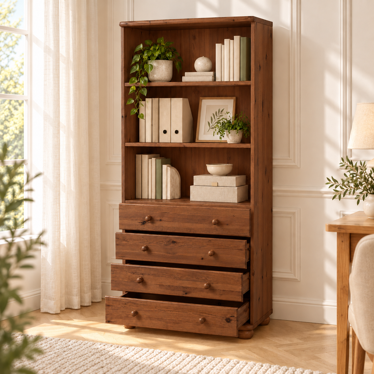Claudia Büroschrank aus Massivholz | Aktenschrank Schubladenschrank | 4-Schubladen | 100% Bio Kiefer Massivholz