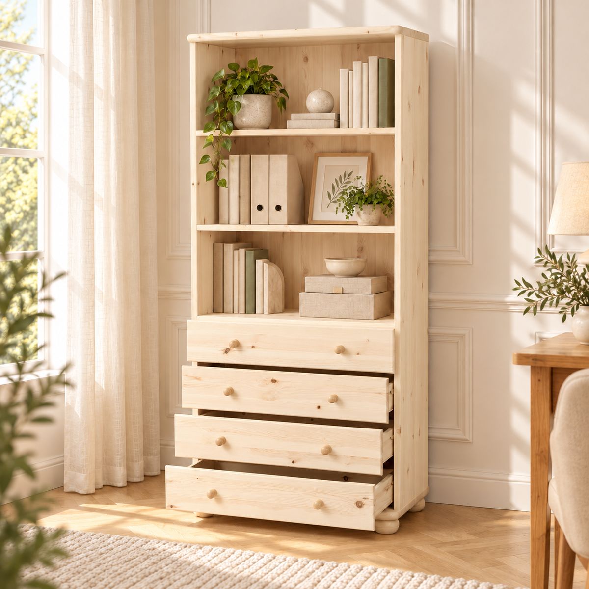 Claudia Büroschrank aus Massivholz | Aktenschrank Schubladenschrank | 4-Schubladen | 100% Bio Kiefer Massivholz