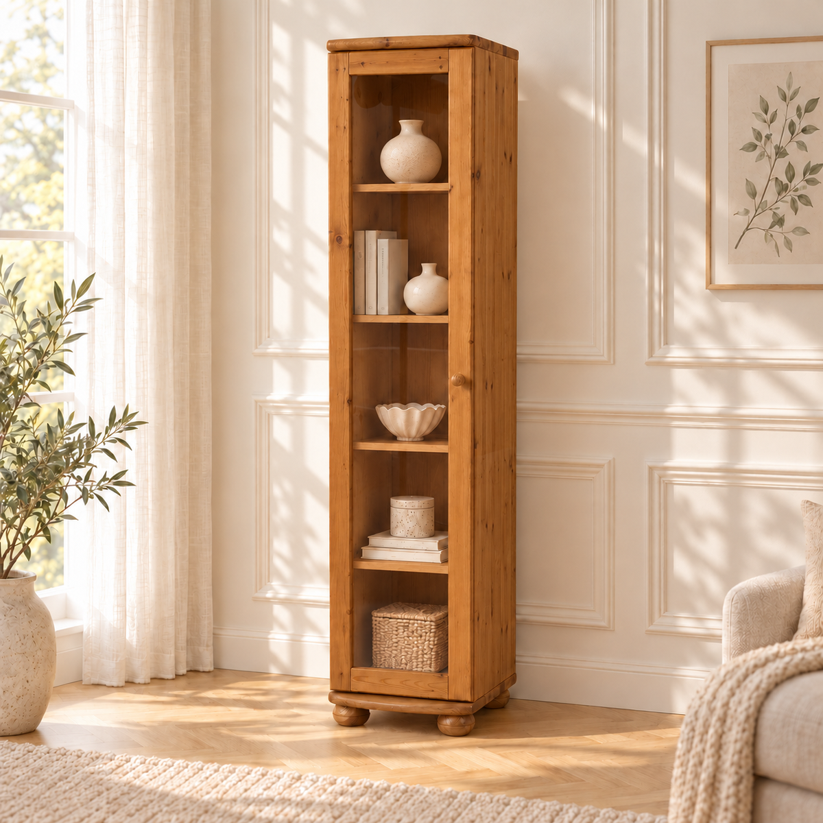 Claudia Vitrine Bio Kiefer Massivholz | 1-Türig mit 4 Regalen aus 100% Naturmaterial