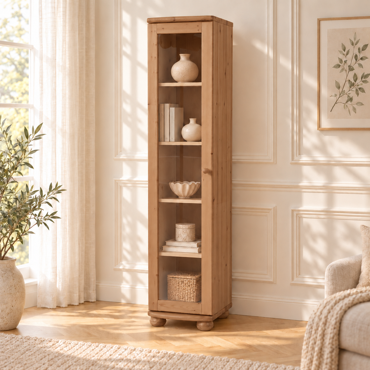 Claudia Vitrine Bio Kiefer Massivholz | 1-Türig mit 4 Regalen aus 100% Naturmaterial