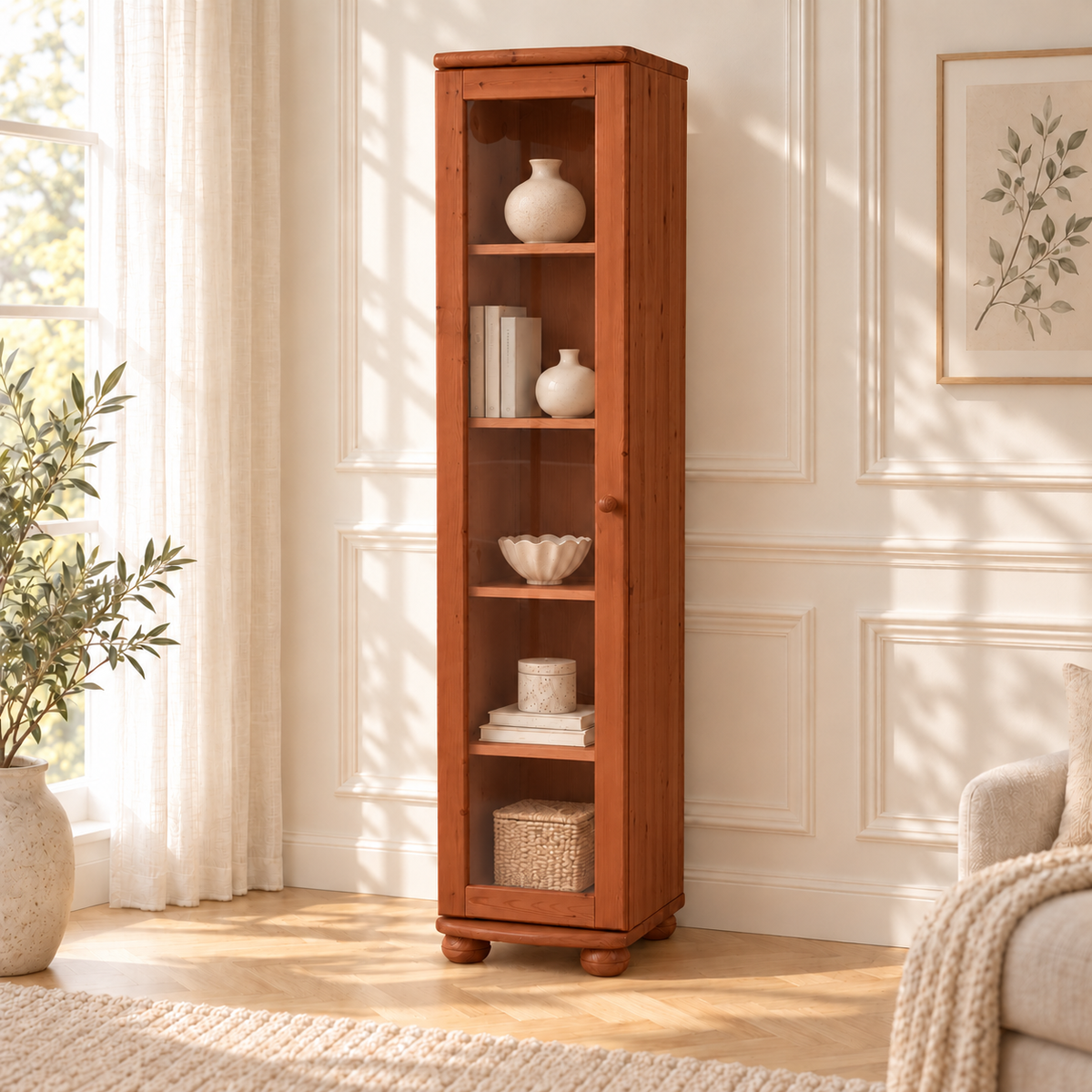 Claudia Vitrine Bio Kiefer Massivholz | 1-Türig mit 4 Regalen aus 100% Naturmaterial