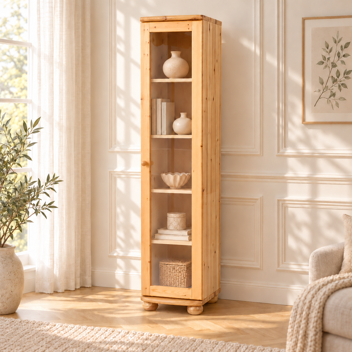 Claudia Vitrine Bio Kiefer Massivholz | 1-Türig mit 4 Regalen aus 100% Naturmaterial