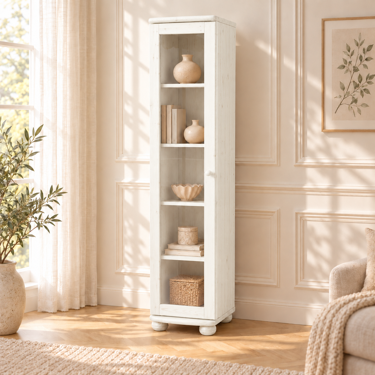 Claudia Vitrine Bio Kiefer Massivholz | 1-Türig mit 4 Regalen aus 100% Naturmaterial