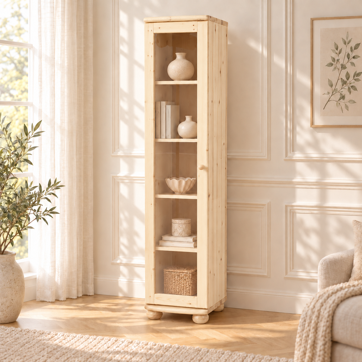 Claudia Vitrine Bio Kiefer Massivholz | 1-Türig mit 4 Regalen aus 100% Naturmaterial