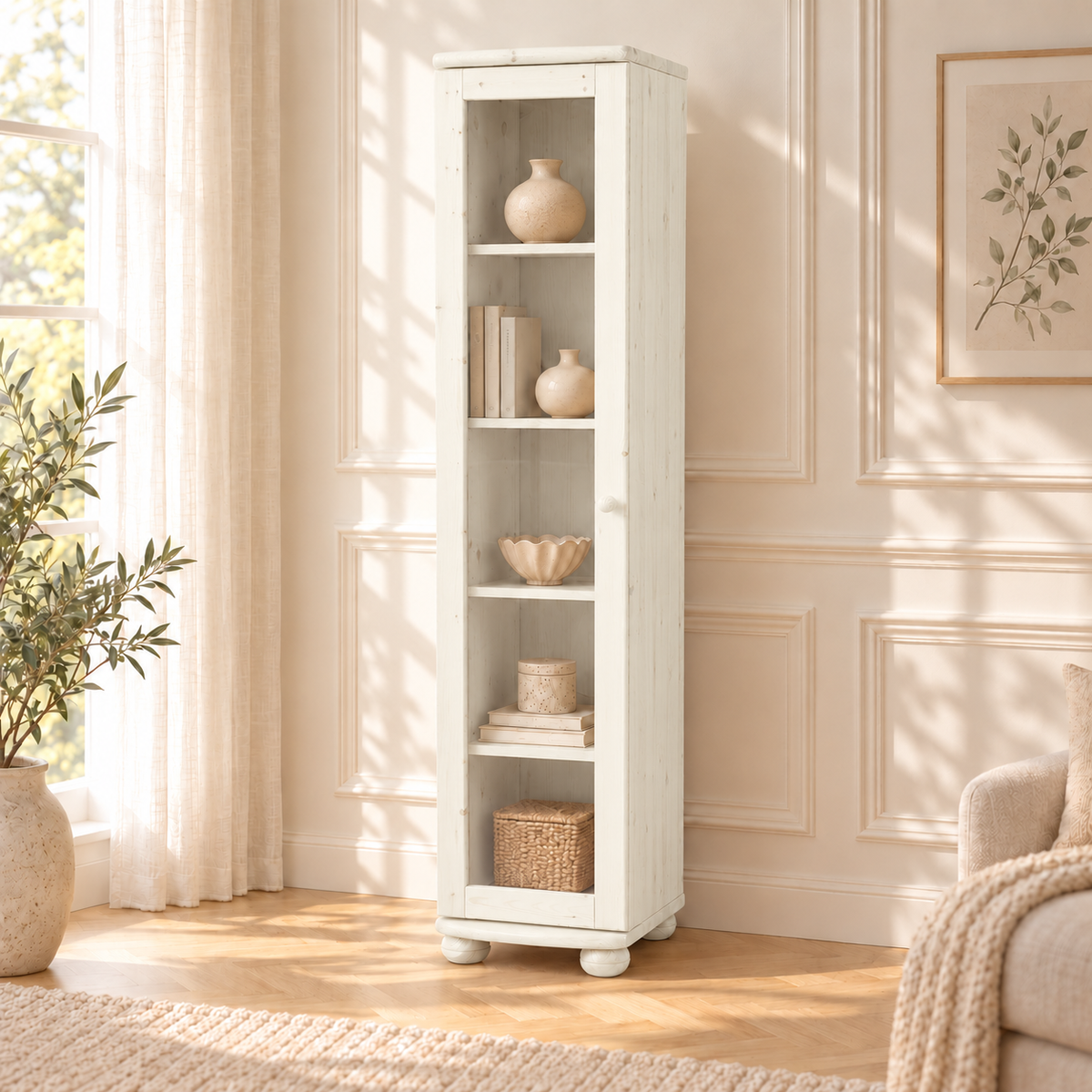 Claudia Vitrine Bio Kiefer Massivholz | 1-Türig mit 4 Regalen aus 100% Naturmaterial